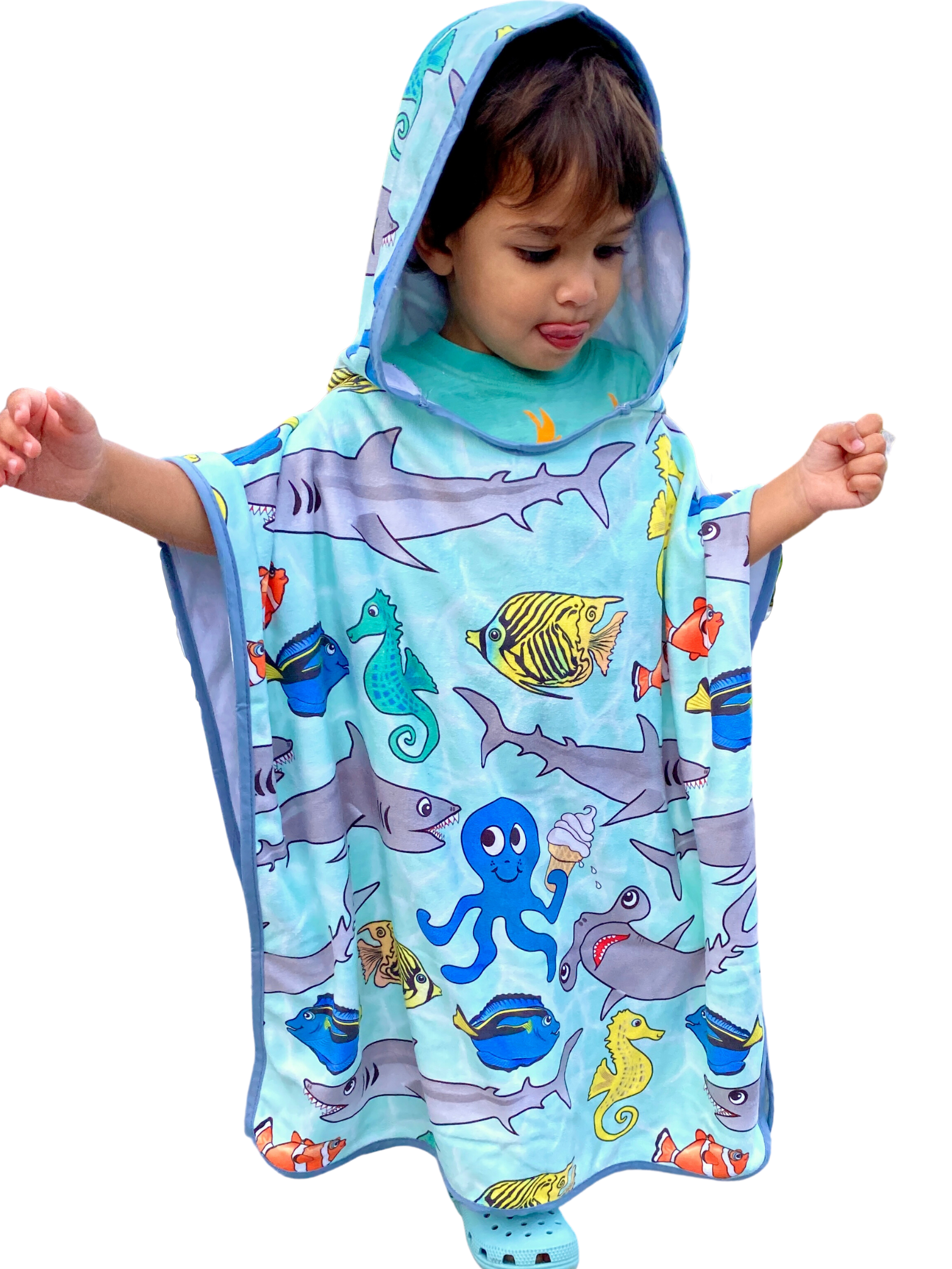 Hooded poncho towel for children (18 months to 5 years): Friendly sharks party