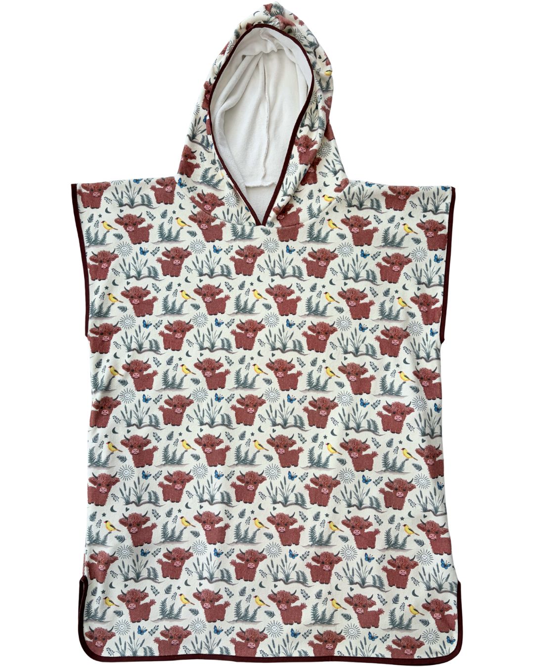 Serviette poncho à capuchon pour adulte et enfant : Vaches Highland (fond beige)