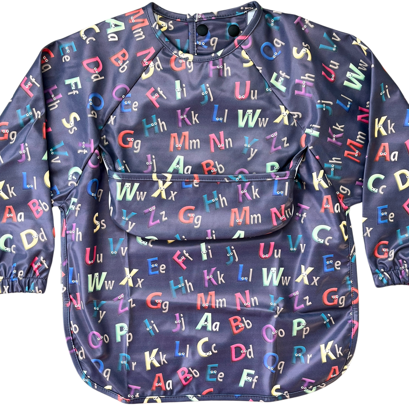 Waterproof long-sleeve bib with pocket: The friendly alphabets