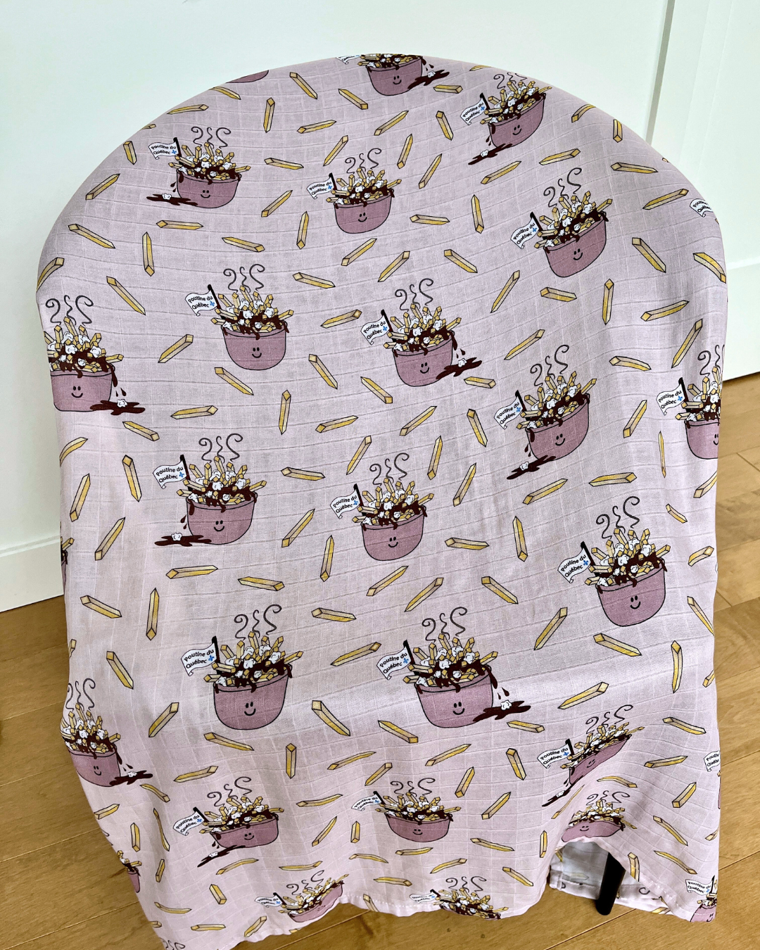 Muslin Swaddle Blanket: Quebec Poutines (pink background)