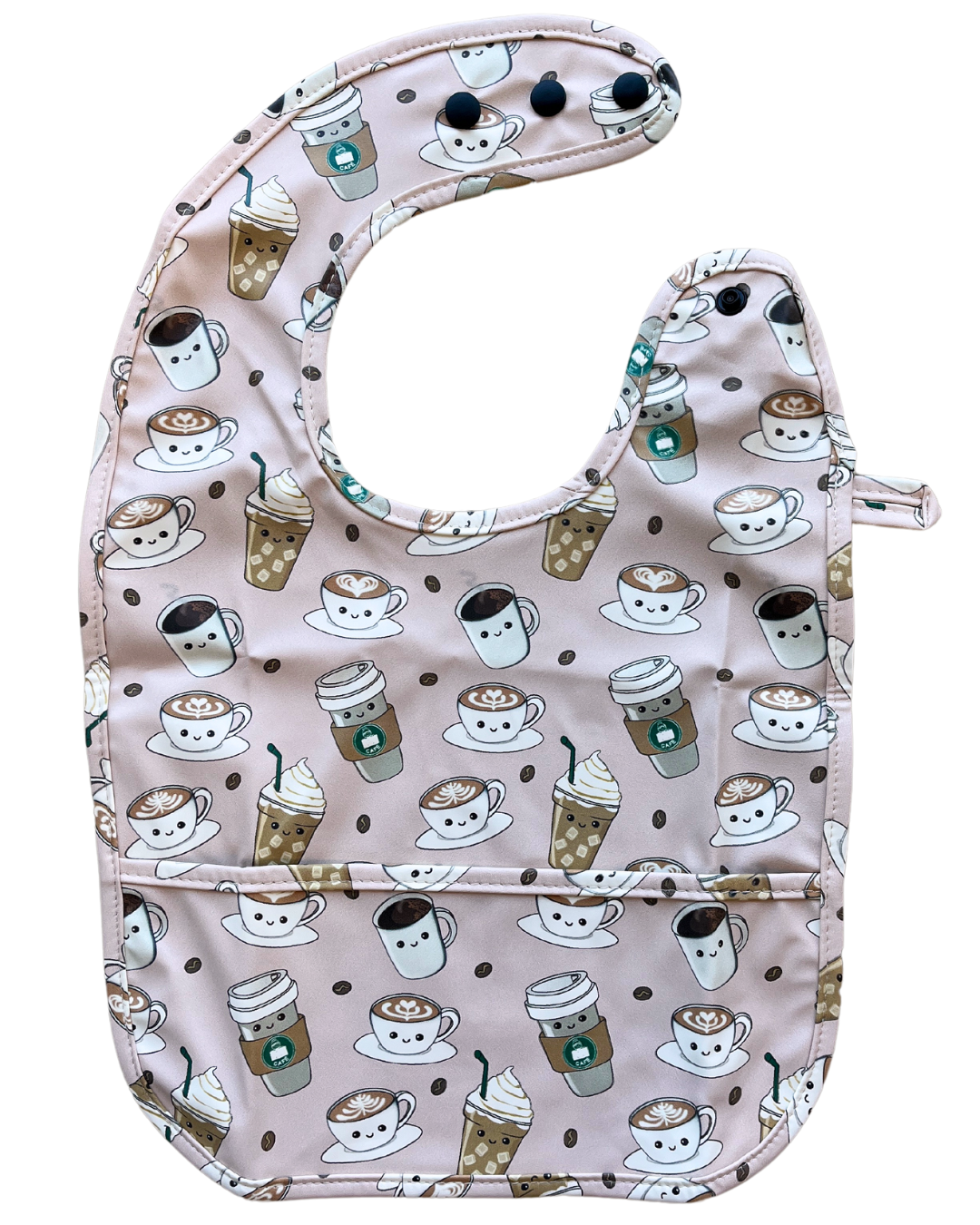 Waterproof bib with pocket: Tipou Baby Coffee (pink background)