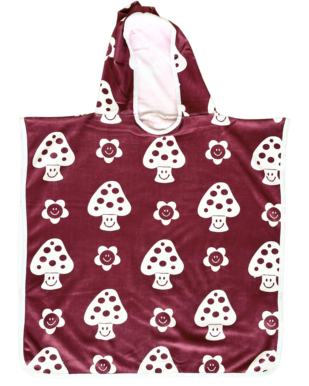 Serviette poncho à capuchon pour enfant (18 mois à 5 ans) : Champignons bourgogne souriants