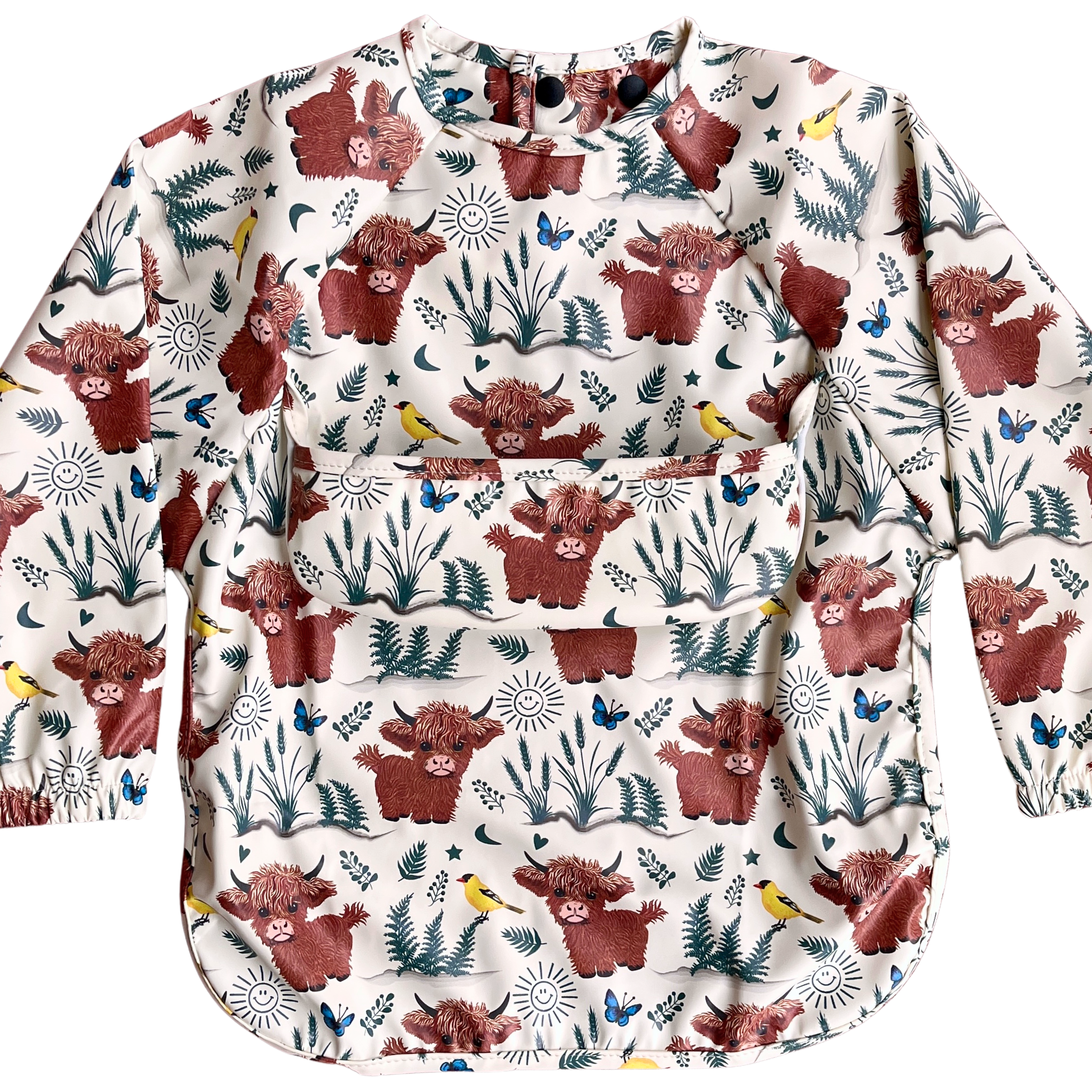 Bavette imperméable à manches longues avec poche : Vaches Highland (fond beige)