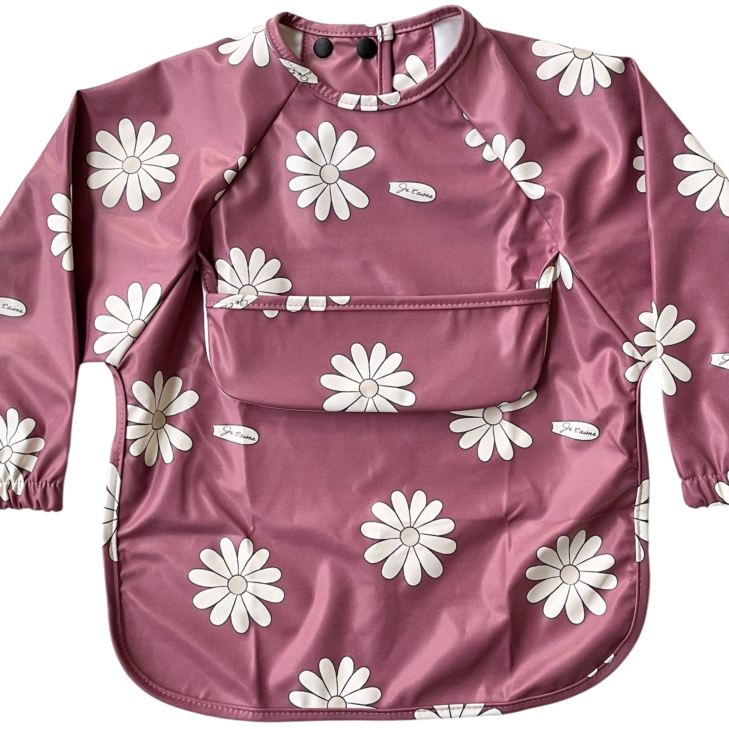 Long-sleeve waterproof bib with pocket: BOHO Daisies (raspberry background)