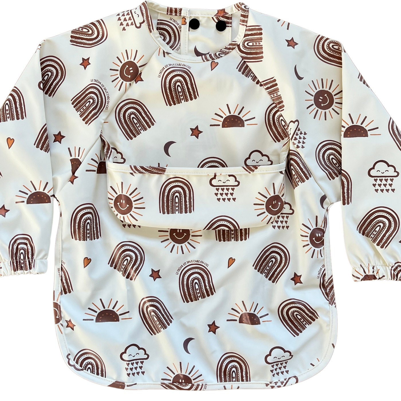 Long-sleeved waterproof bib with pocket: Radiant Sun BOHO (cream background)