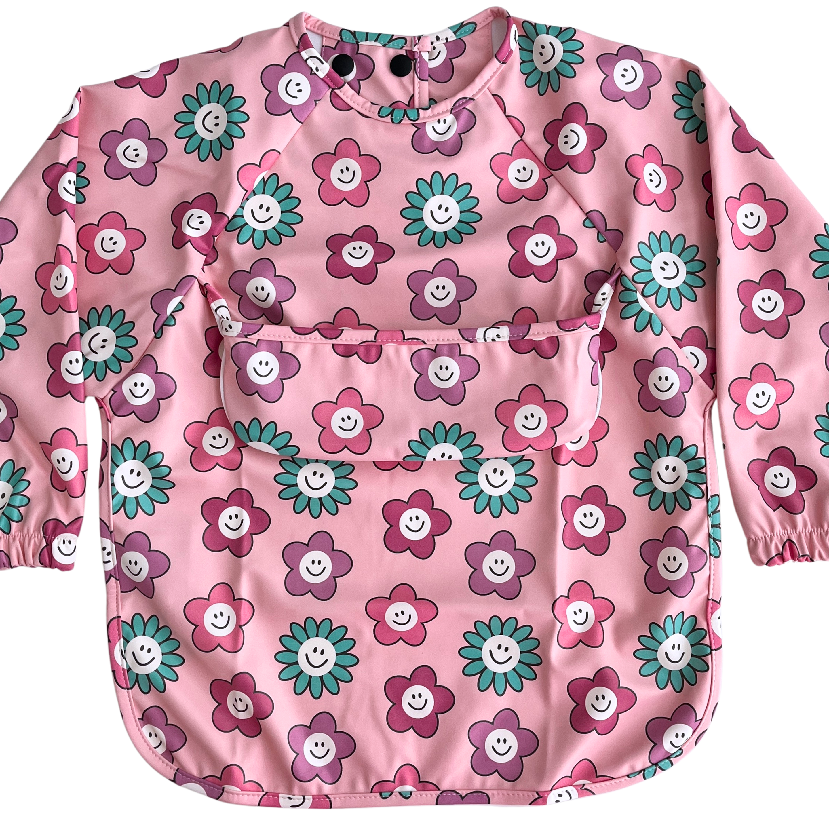 Long-sleeve waterproof bib with pocket: Smiling flowers