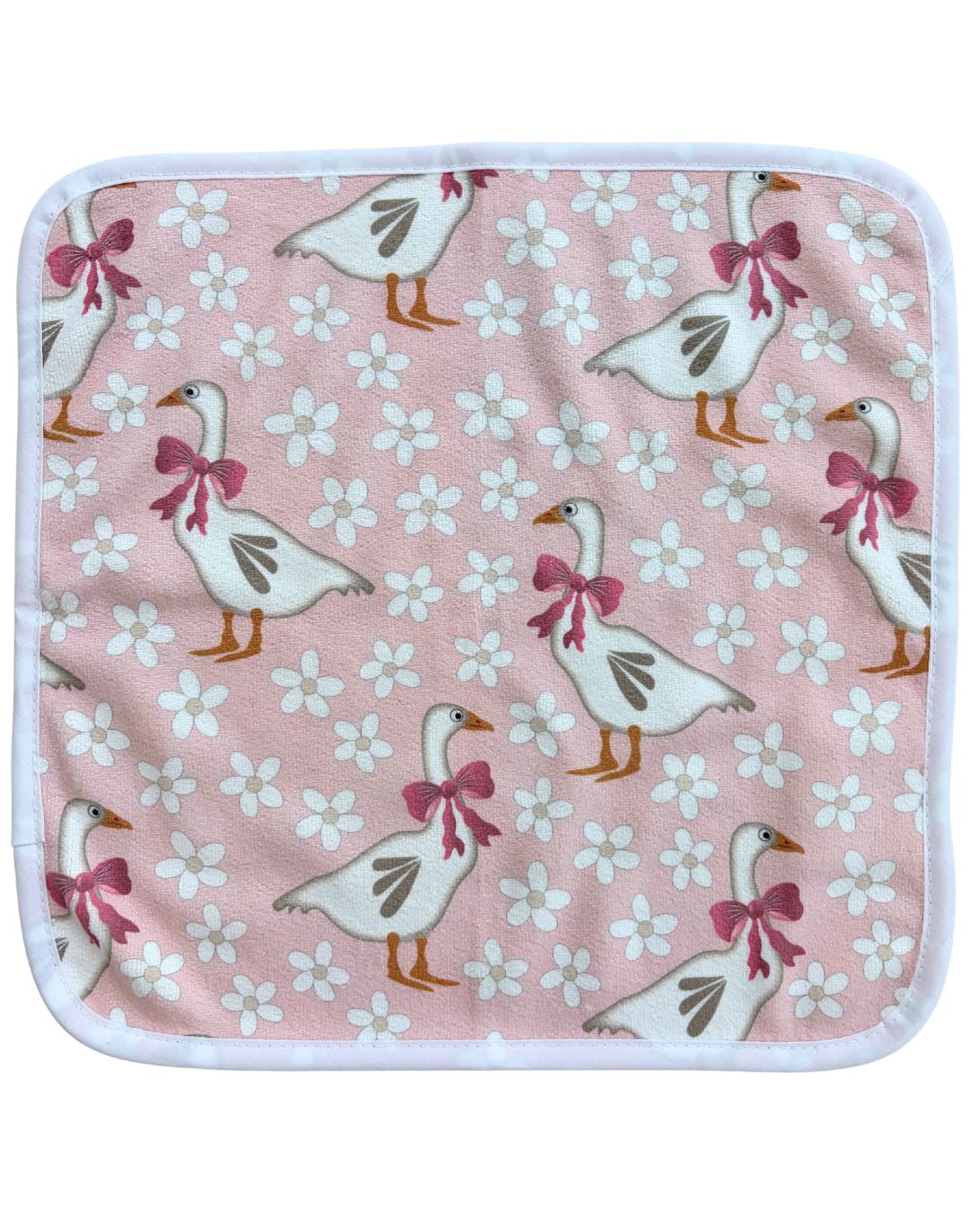 Débarbouillette : Oies jardins de marguerites fond rose