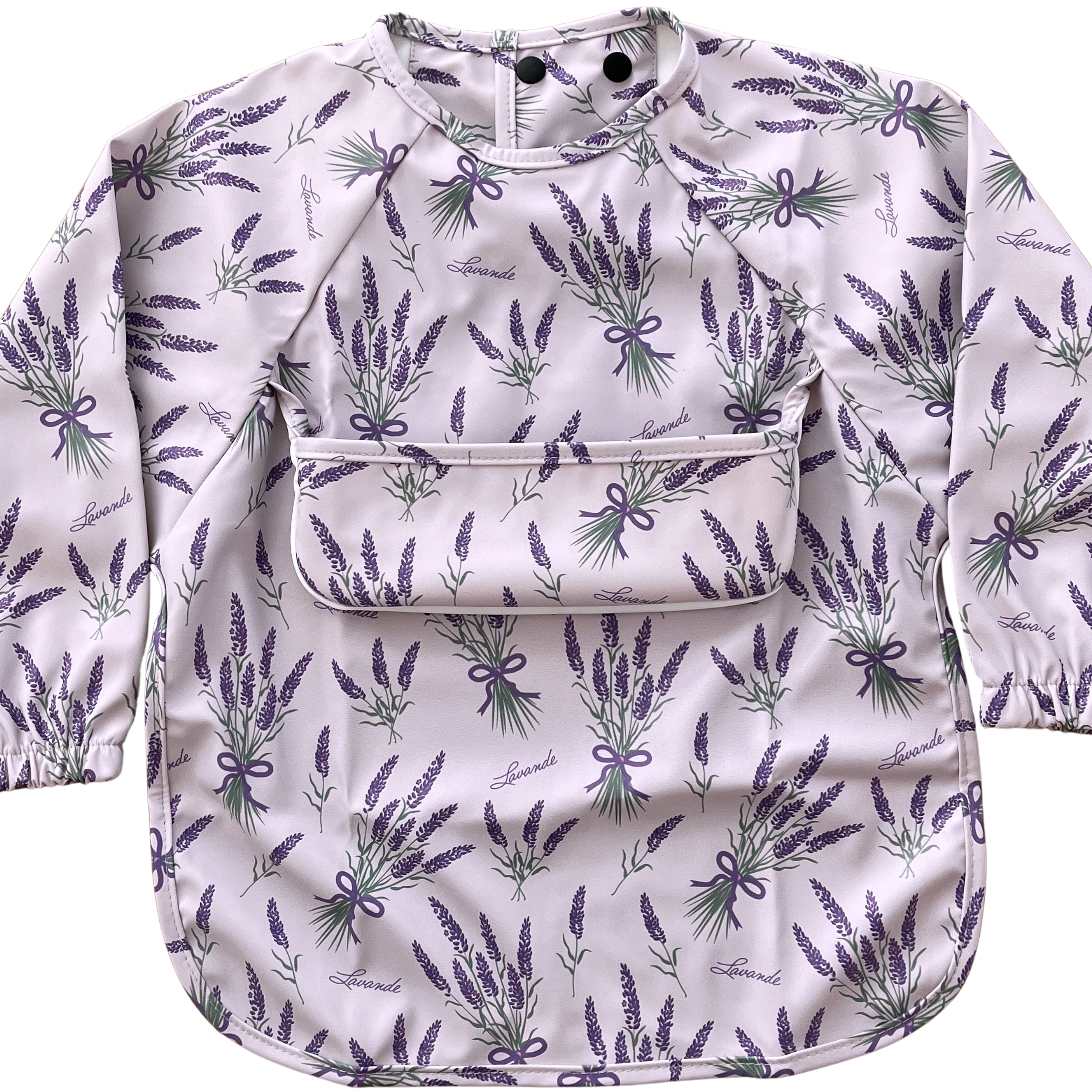 Long-sleeve waterproof bib with pocket: Lilac lavender flowers