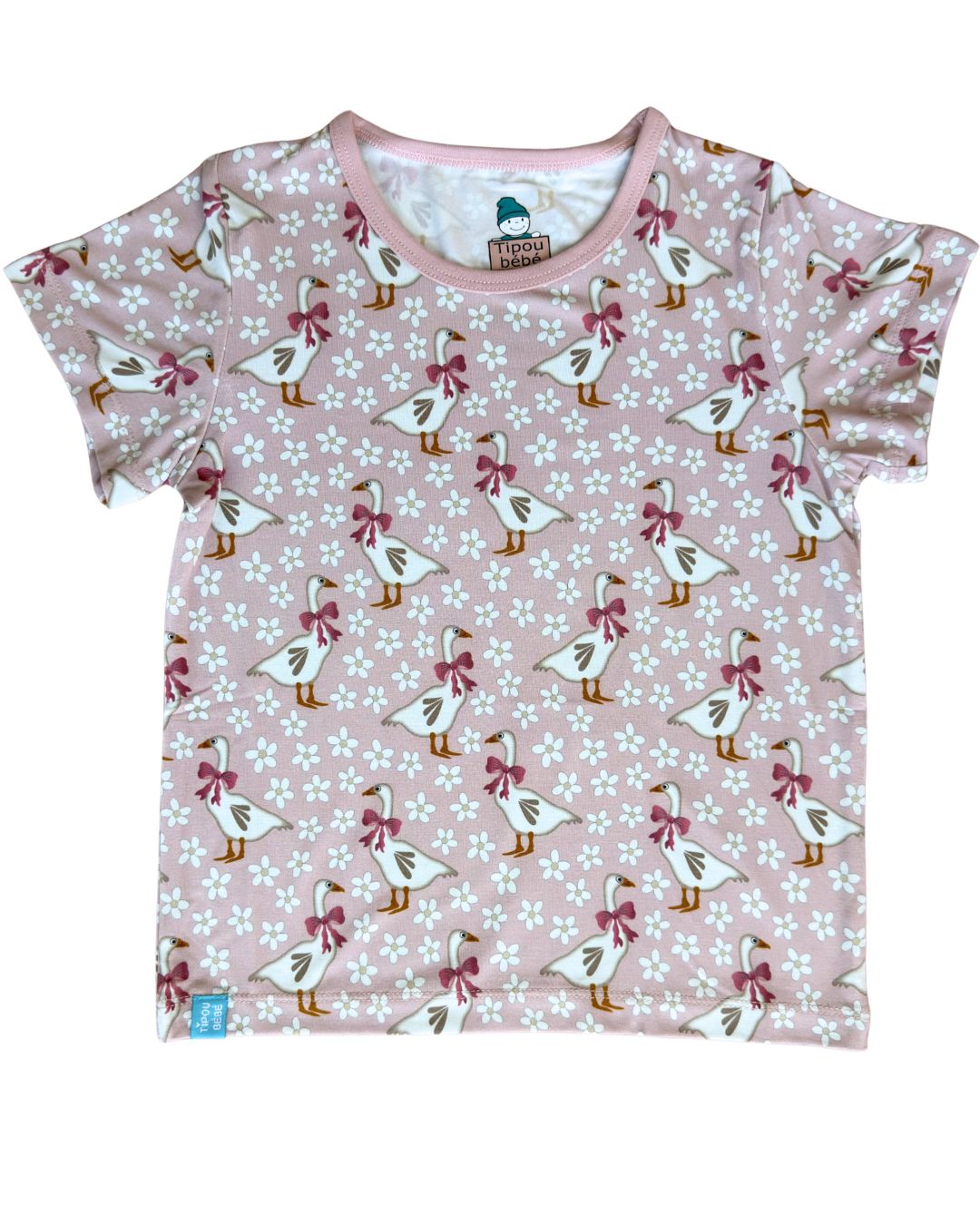 T-shirt bébé et enfant ultra doux en bambou (coupe relaxe) : Oies jardins de marguerites fond rose