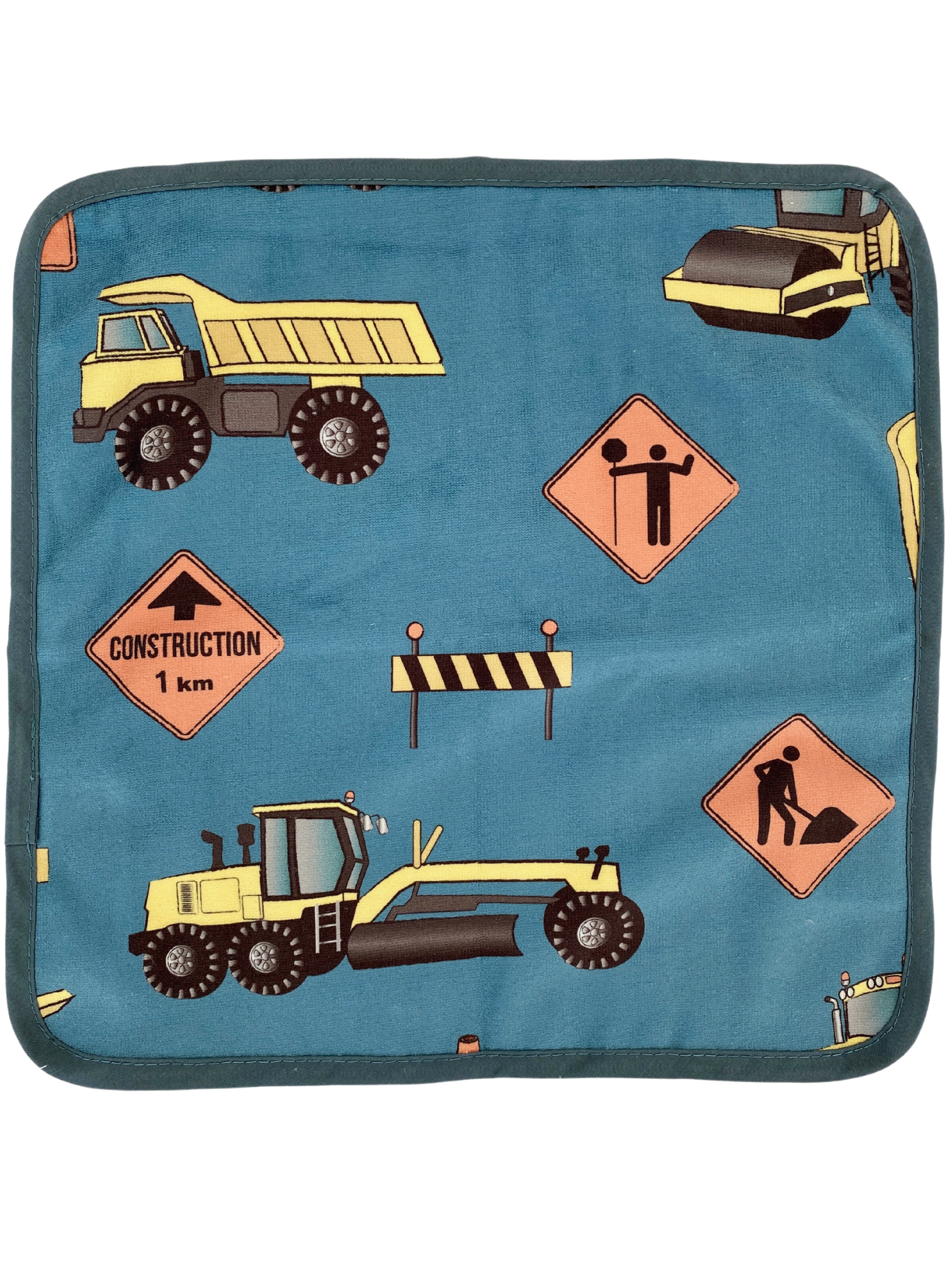 Débarbouillette : Camions de construction (fond bleu sarcelle)