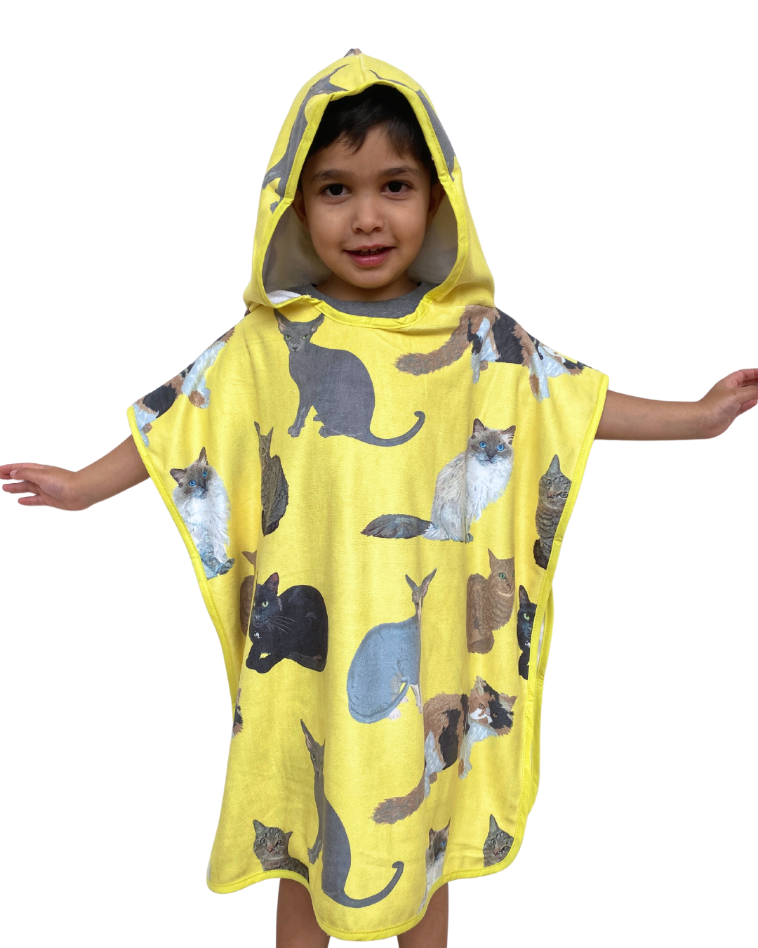 Hooded poncho towel for children (18 months to 5 years): My cat friends (yellow background)