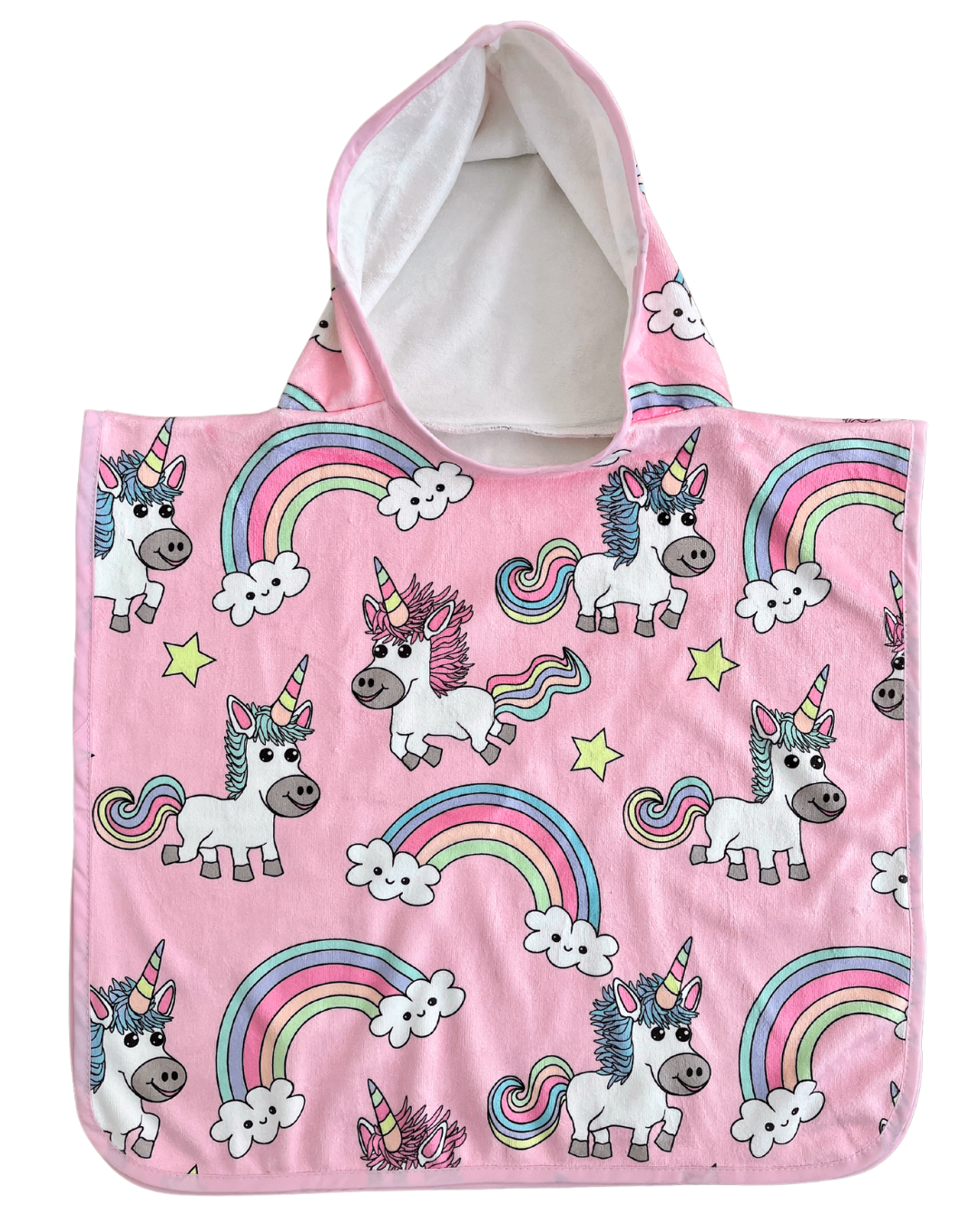 Hooded poncho towel for baby (0-18 months): Magical unicorns (pink background)