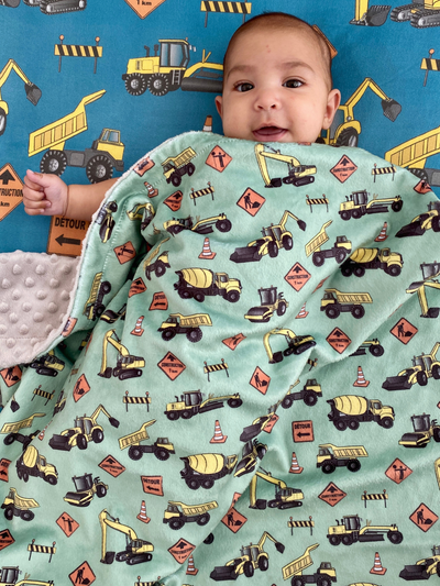 Baby blanket: Construction Trucks (Sage Green Background)