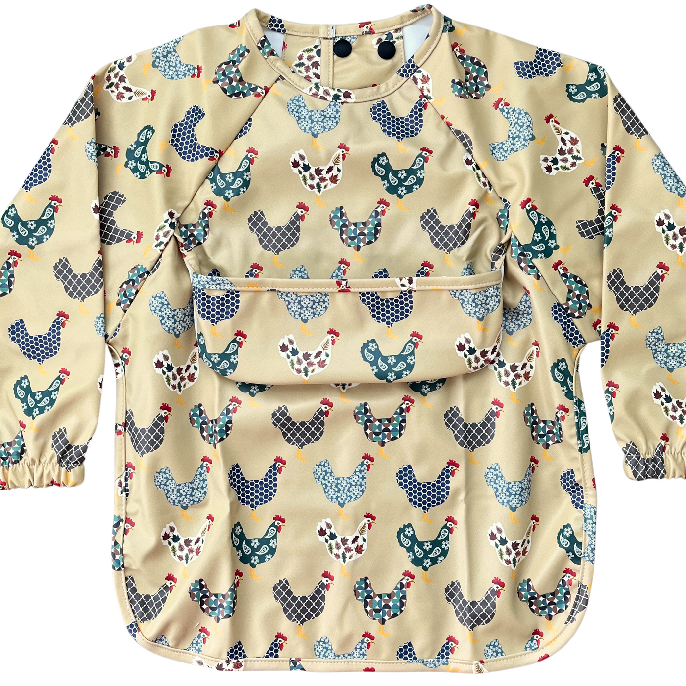 Long-sleeve waterproof bib with pocket: Chickens on the farm (farmhouse collection)