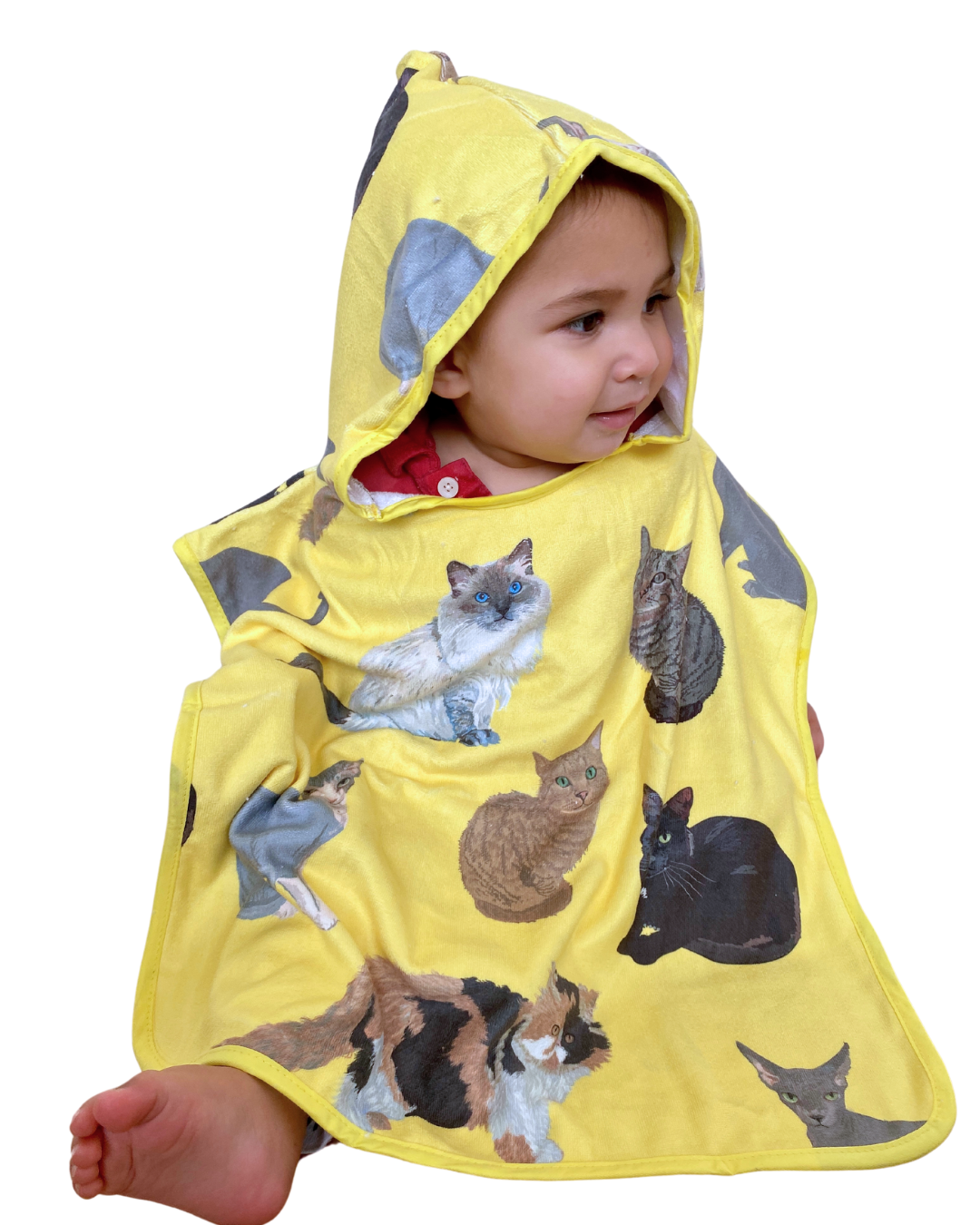 Hooded poncho towel for baby (0-18 months): My cat friends (yellow background)