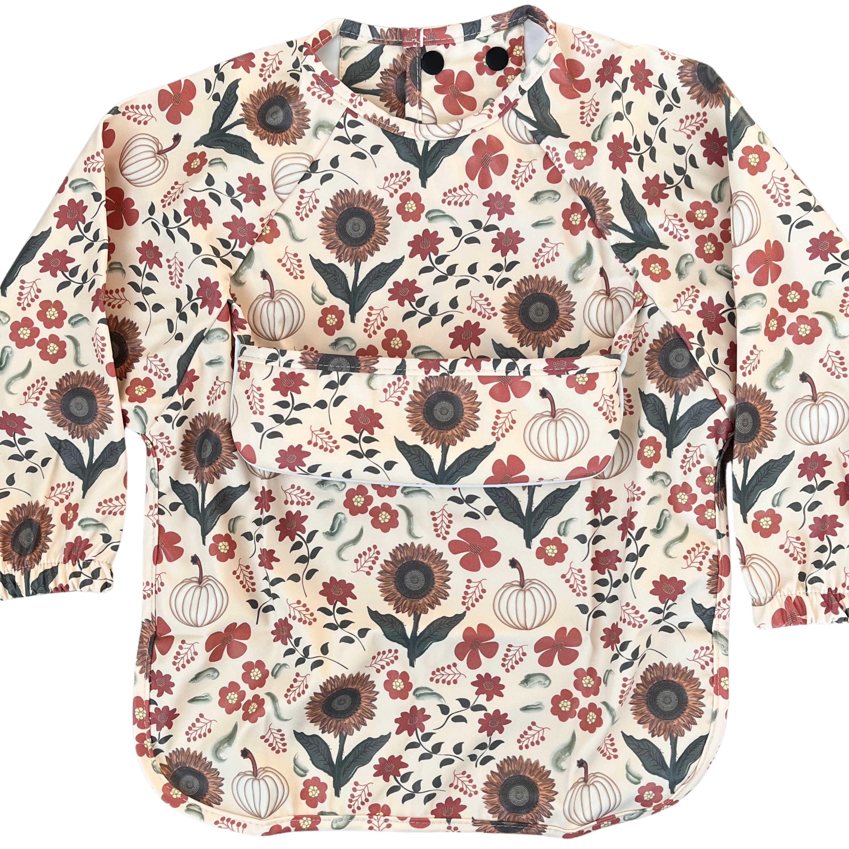Bavette imperméable à manches longues avec poche : Motif floral de teinte bourgogne et petites citrouilles