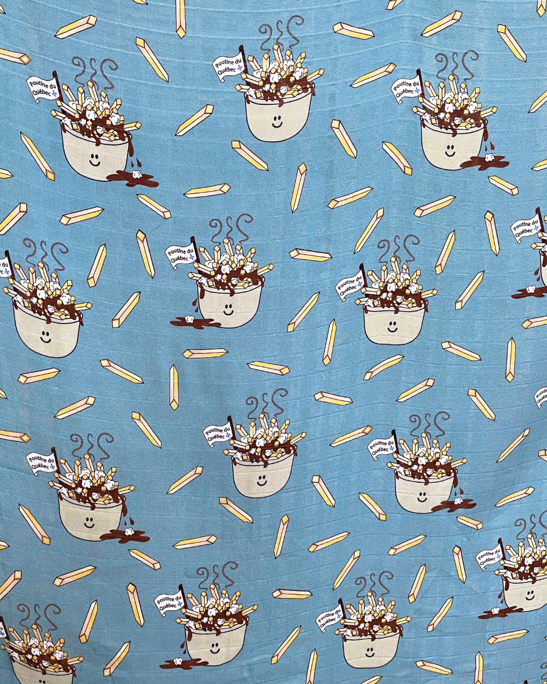 Muslin blanket: Quebec Poutines (blue background)