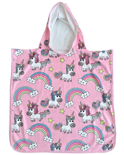 Hooded towel for children (18 months to 5 years): Magical unicorns (pink background)