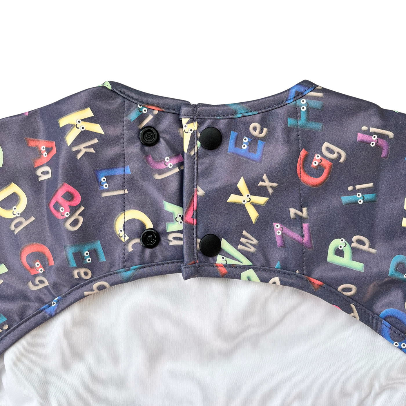 Waterproof long-sleeve bib with pocket: The friendly alphabets