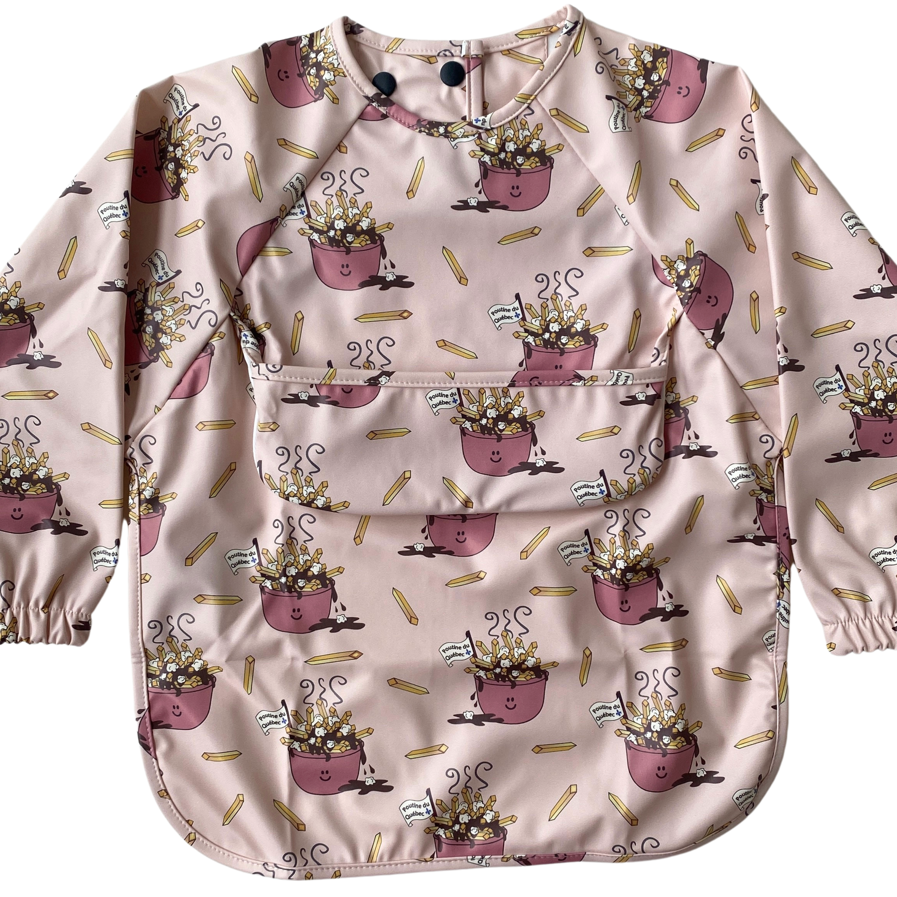 Long-sleeved waterproof bib with pocket: Poutines from Quebec (pink background)