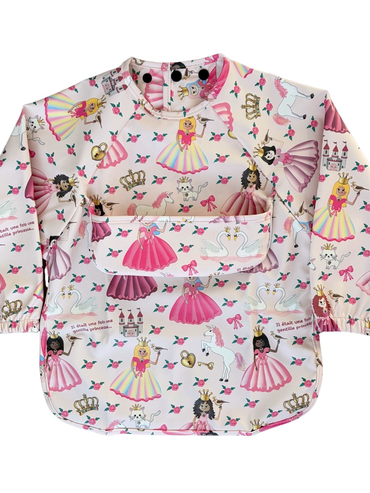 Bavette imperméable à manches longues avec poche : Princesses roses et licornes