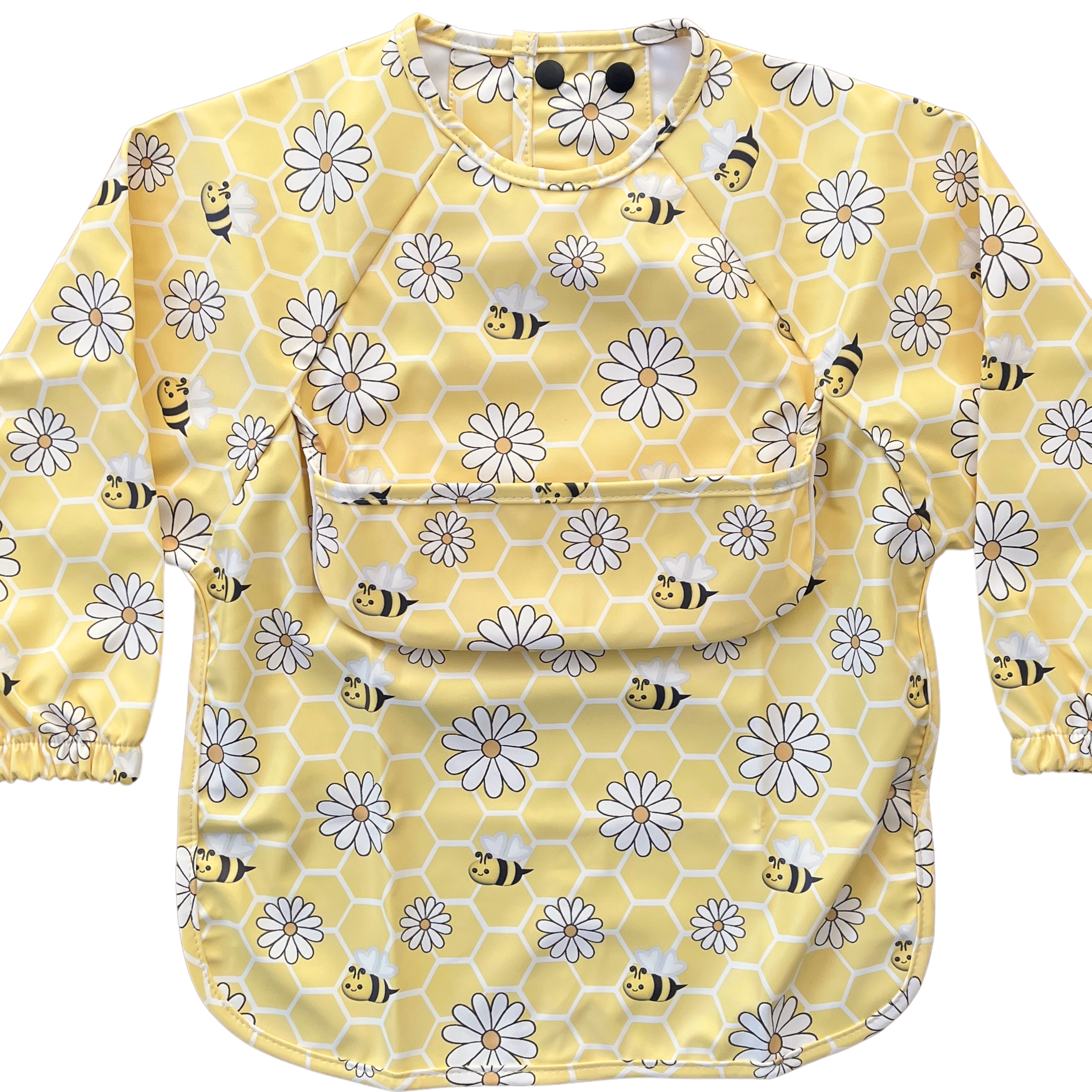 Long-sleeved waterproof bib with pocket: Bees in a field of flowers