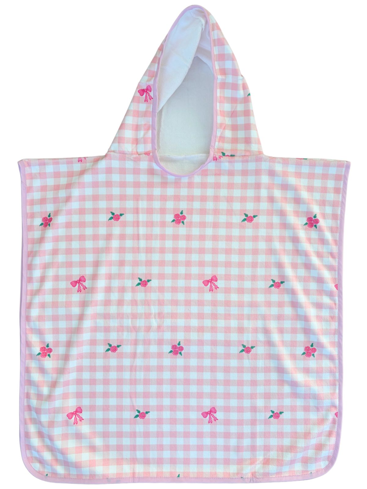 Serviette poncho à capuchon pour enfant (18 mois à 5 ans) : Motif gingham rose, roses et boucles