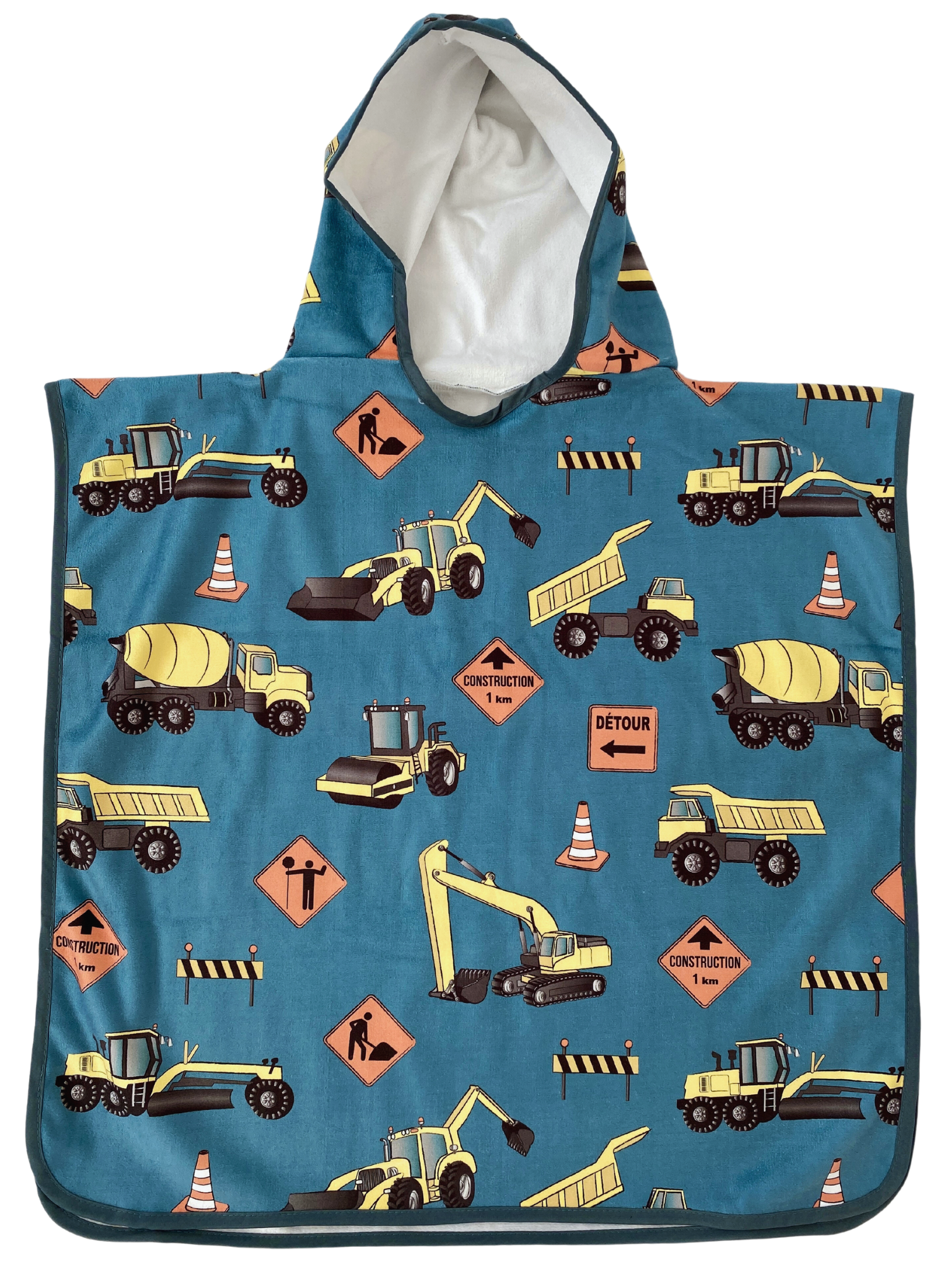 Serviette poncho à capuchon pour enfant (18 mois à 5 ans) : Camions de construction (fond bleu sarcelle)