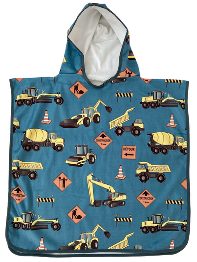 Hooded Kid Towel (18 months to 5 years): Construction Trucks (Teal Background)