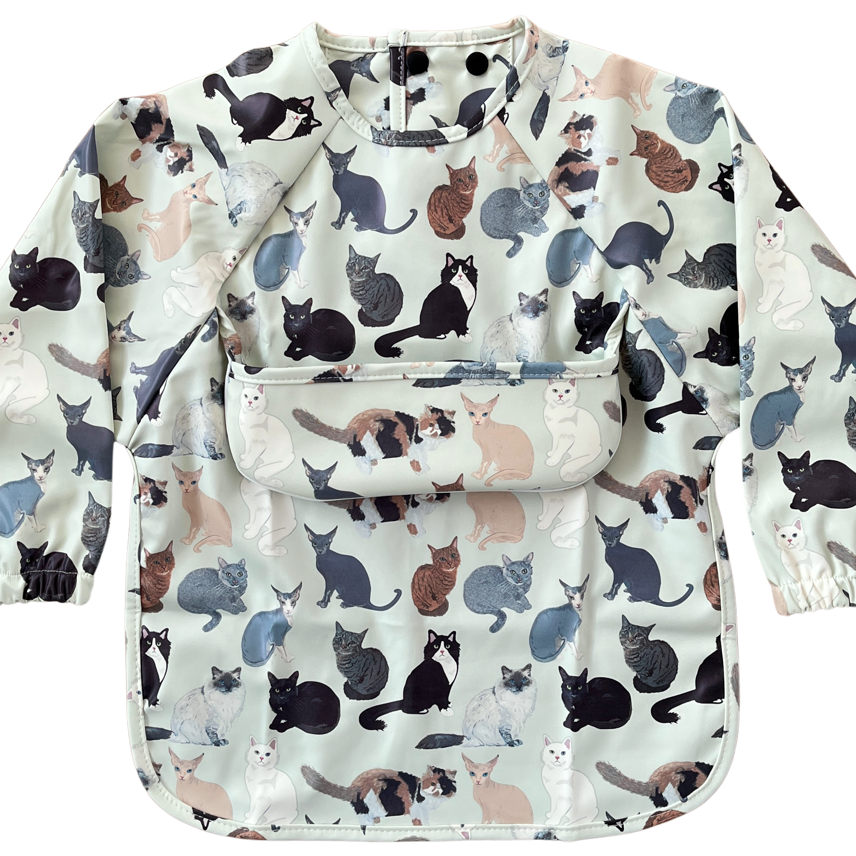 Bavette imperméable à manches longues avec poche : Mes amis les chats (fond jade)