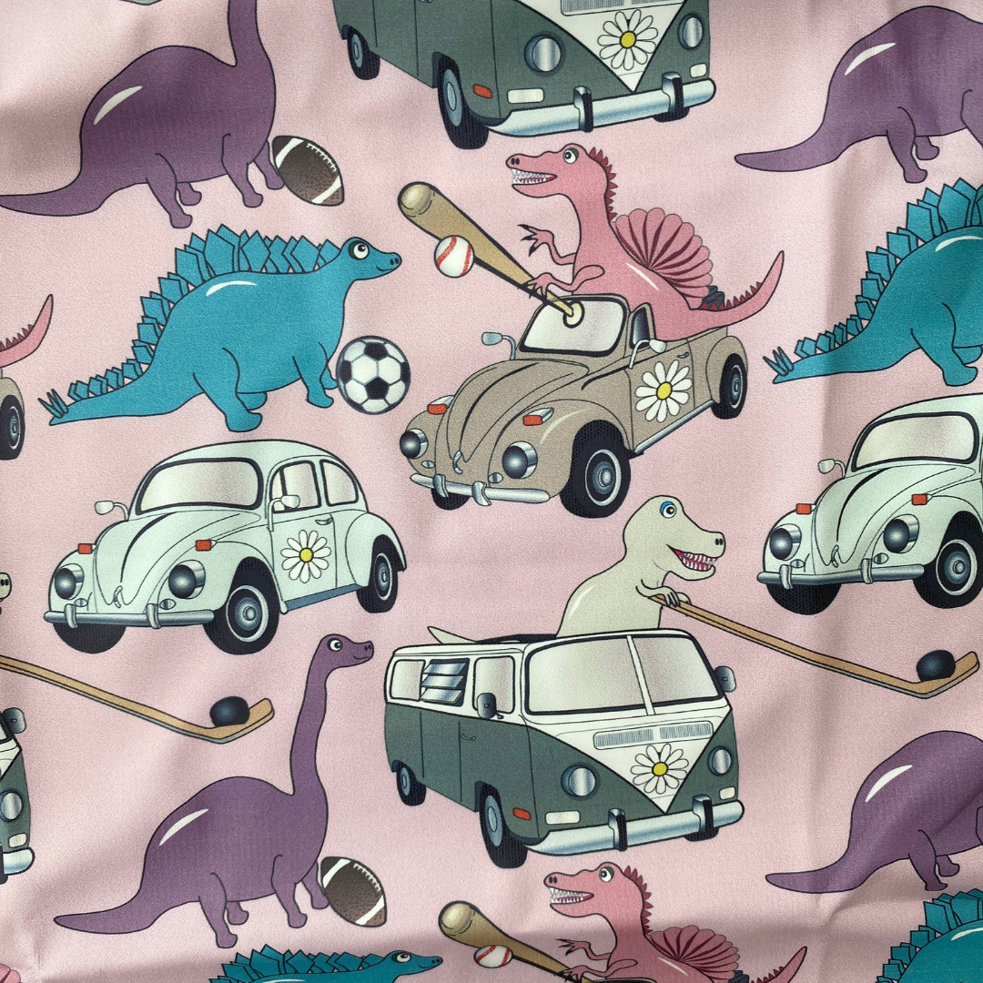 Waterproof Bib Apron with long sleeves and pocket: The Dinosaurs in their Car