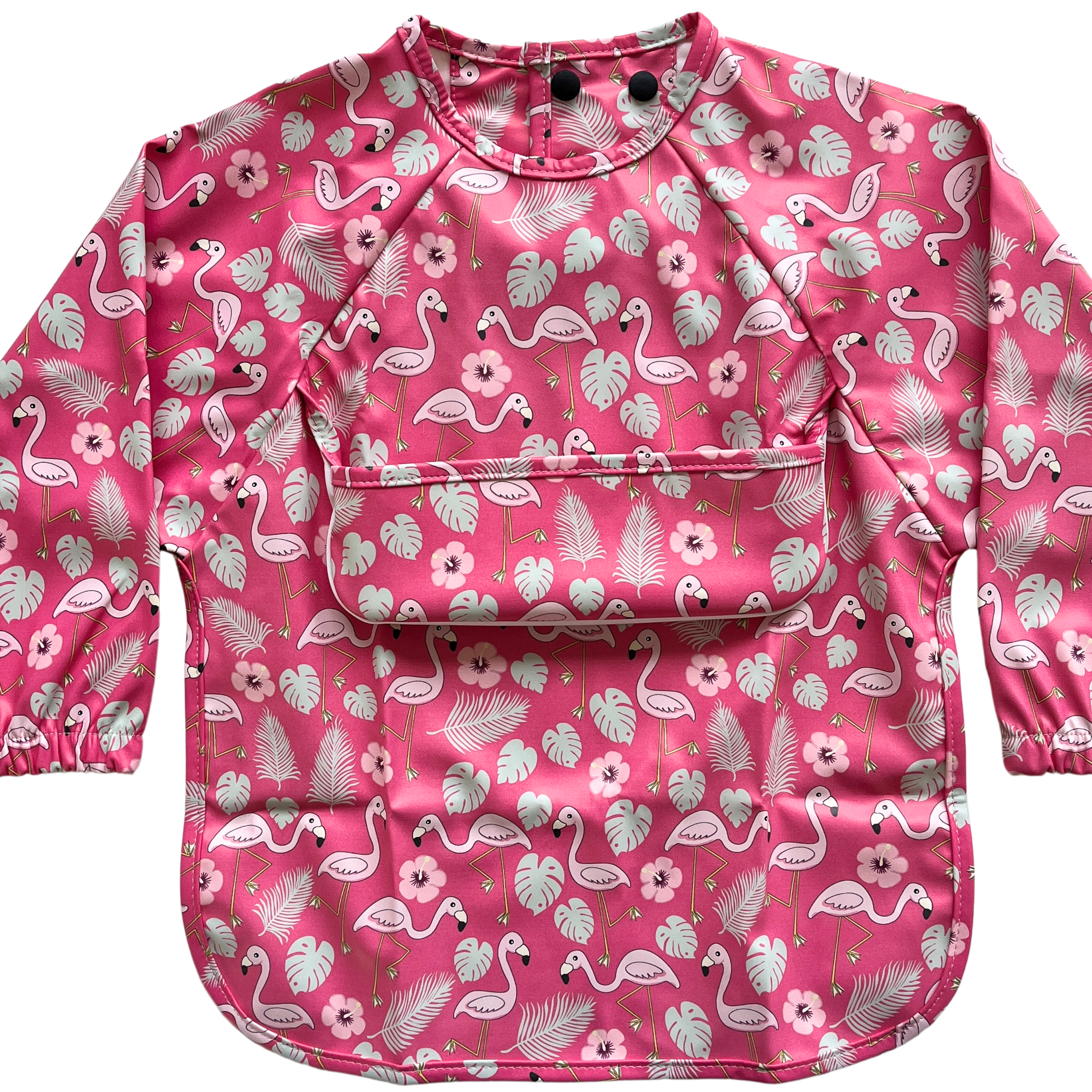 Long-sleeve waterproof bib with pocket: Pink flamingo party