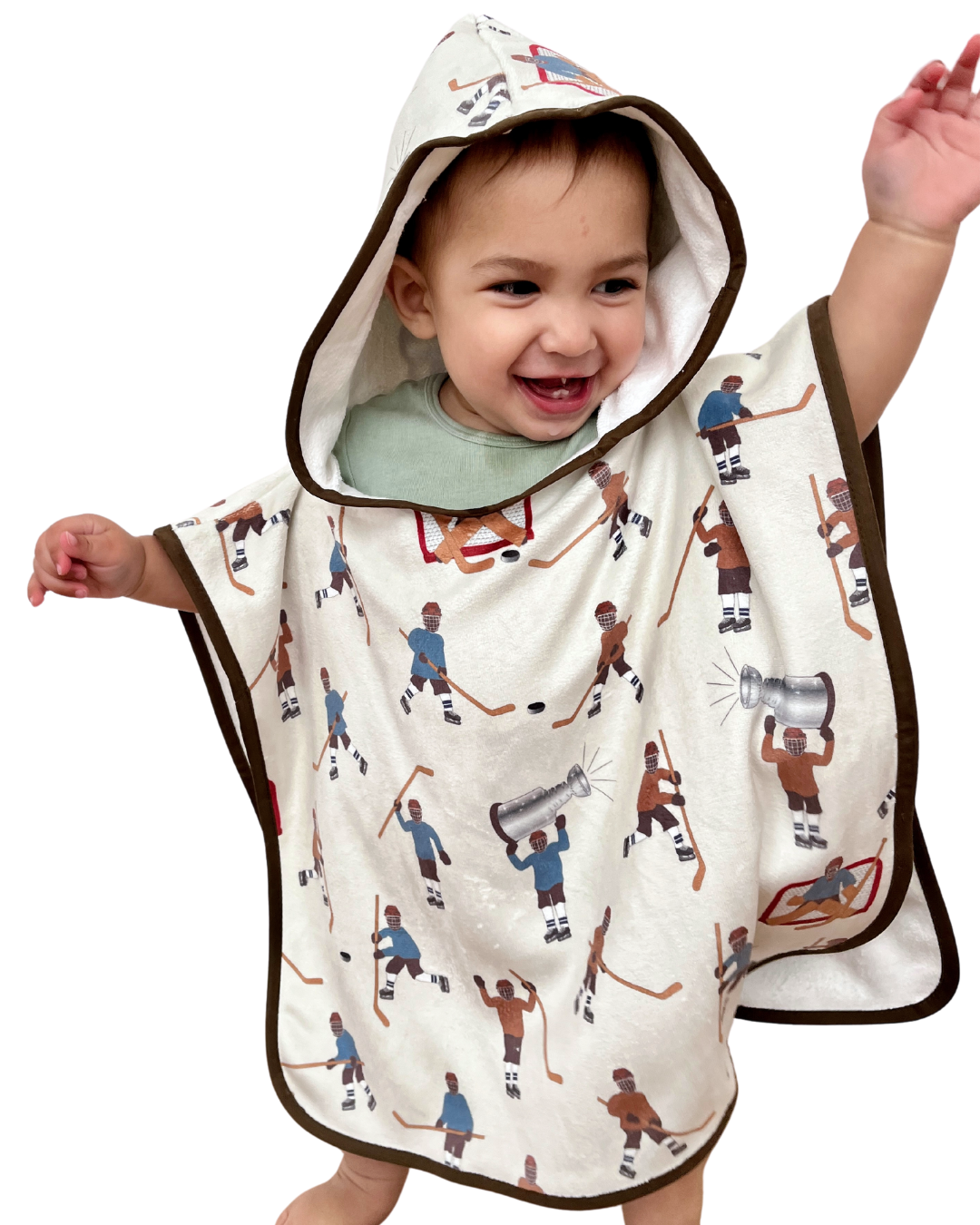 Hooded poncho towel for baby (0-18 months): Hockey players (blue vs brown)