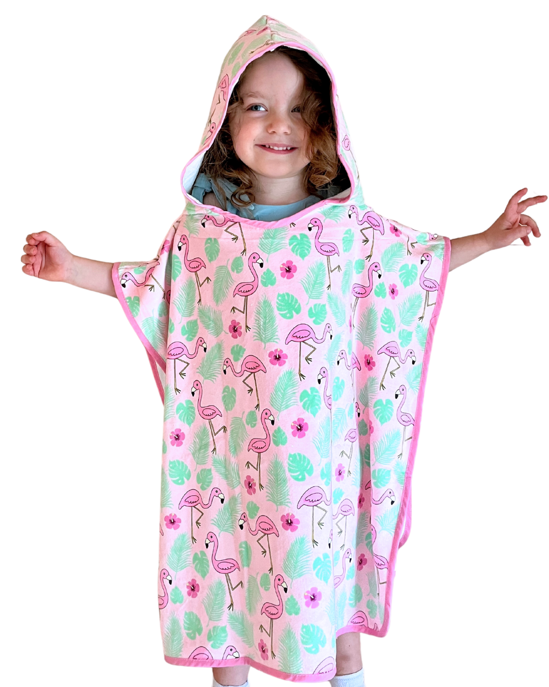 Hooded poncho towel for children (18 months to 5 years): Pink flamingo party