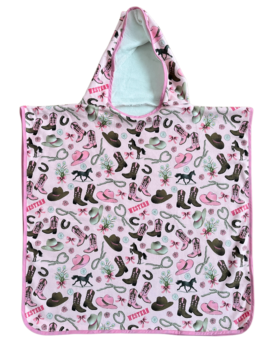 Serviette poncho à capuchon pour enfant (18 mois à 5 ans) : Western cowboy rose