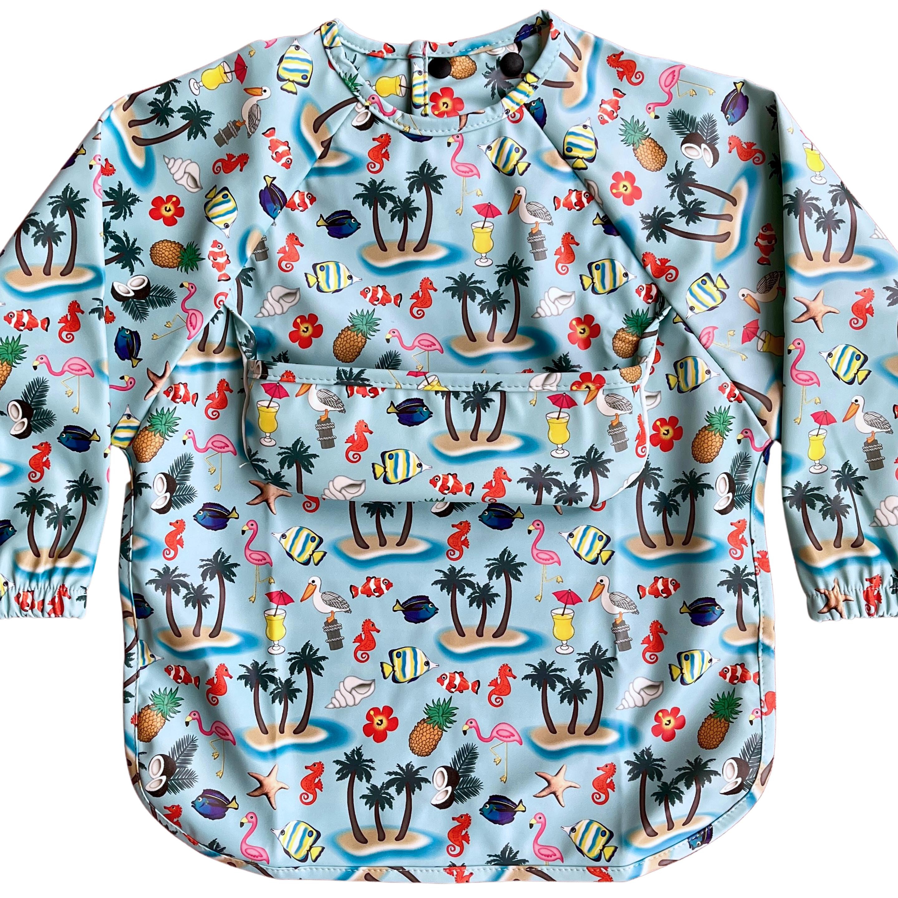 Bavette imperméable à manches longues avec poche : Palmiers, poissons et plage tropical