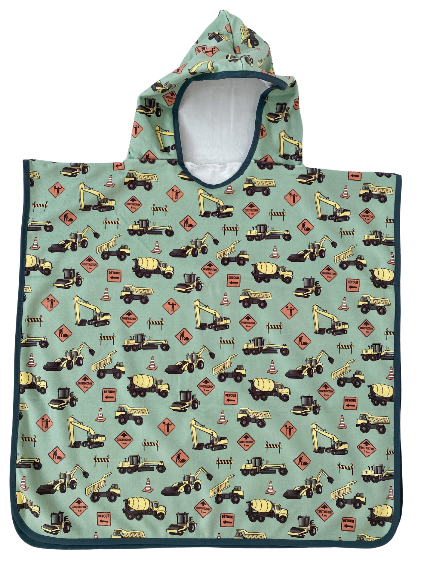 Hooded Kid Towel (18 months to 5 years): Construction Trucks (Sage Green Background)