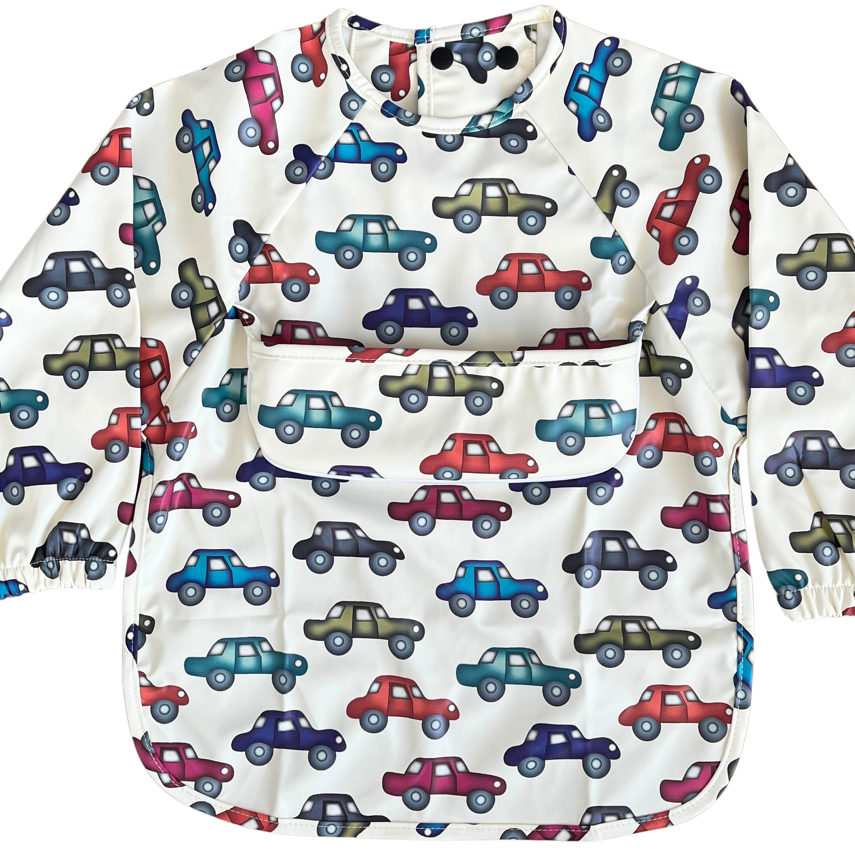 Long-sleeved waterproof bib with pocket: Multicolored cars