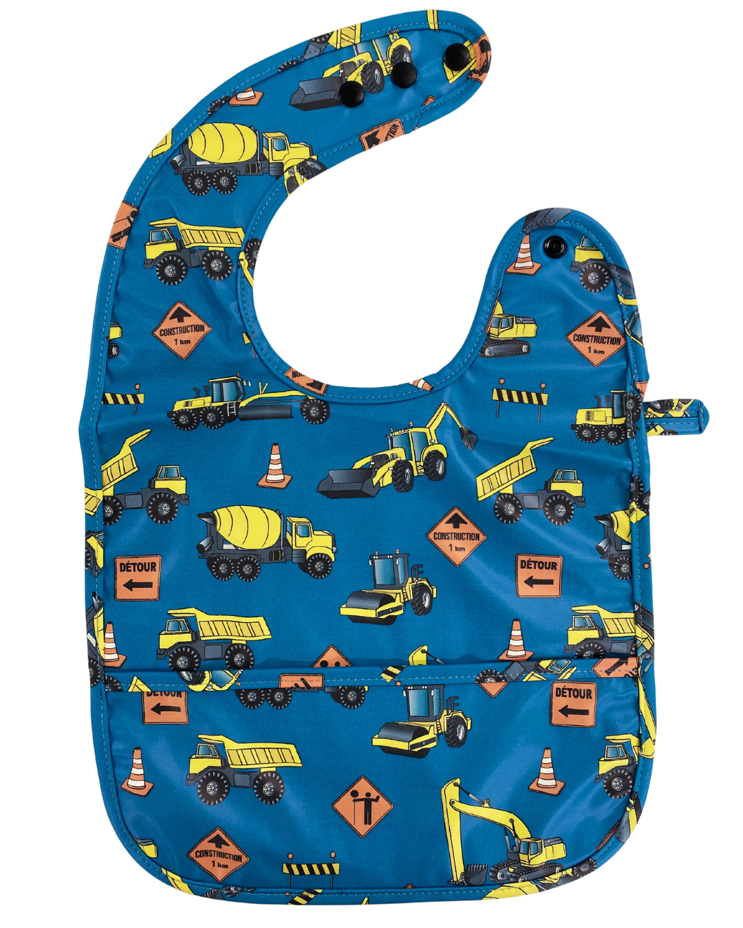 Waterproof Bib with Pocket: Construction Trucks