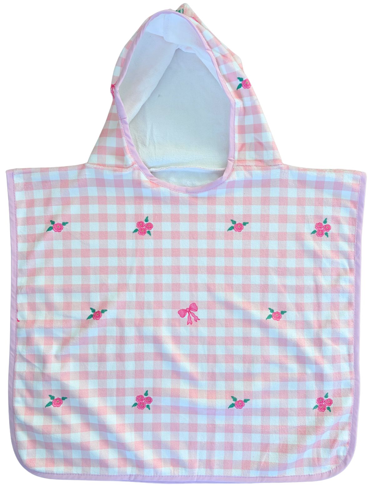 Serviette poncho à capuchon pour bébé (0-18 mois) : Motif gingham rose, roses et boucles