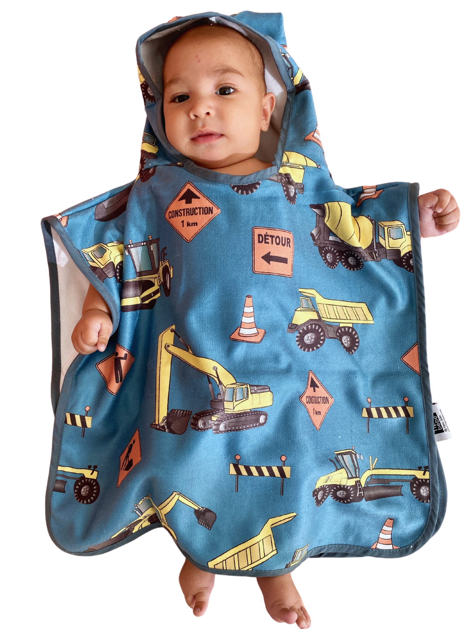 Hooded poncho towel for baby (0-18 months): Construction trucks (teal blue background)