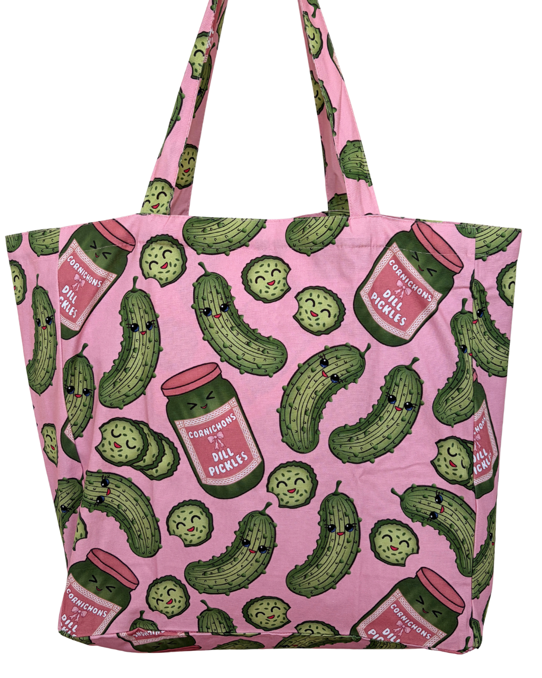 Sac réutilisable illustré : Invasion des cornichons pickles (fond rose)