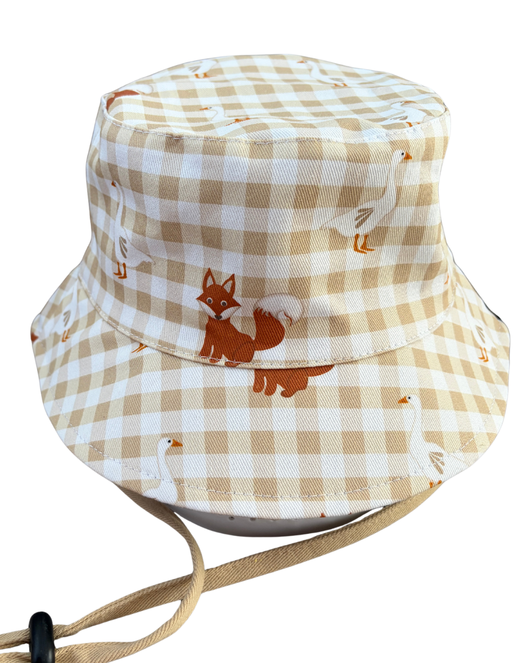 Chapeau Reversible : Motif gingham beige, oies et renards