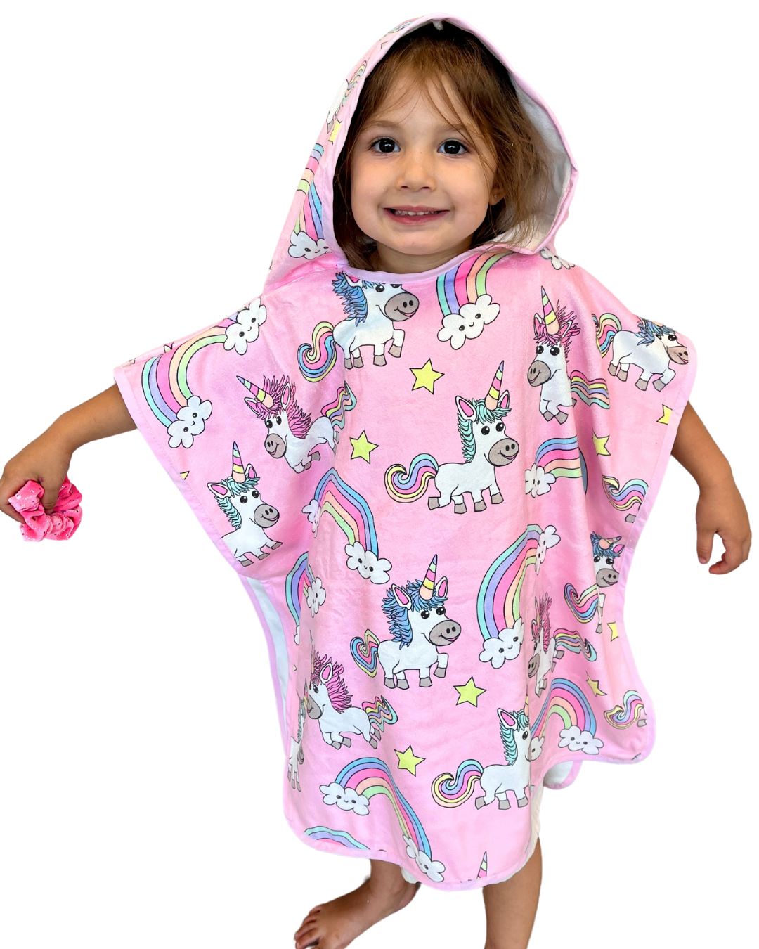 Serviette poncho à capuchon pour enfant (18 mois à 5 ans) : Les licornes magiques (fond rose)