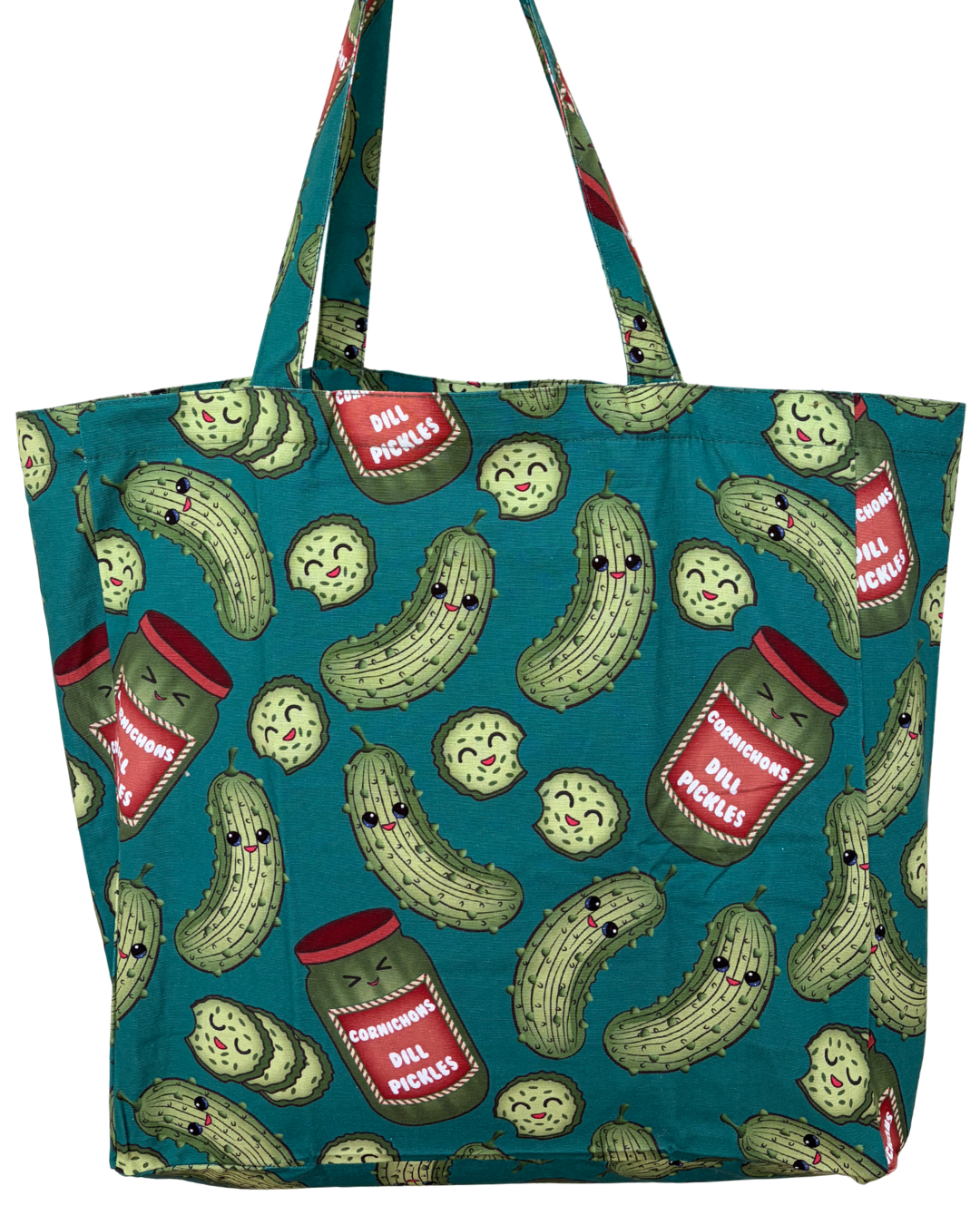 Sac réutilisable illustré : Invasion des cornichons pickles (fond sarcelle)