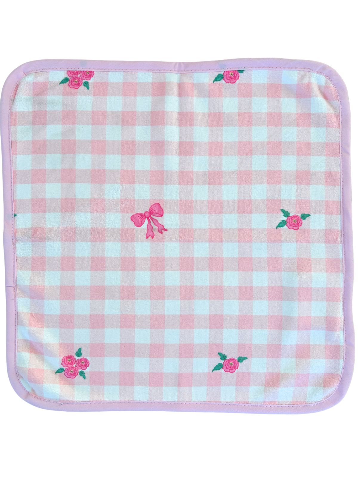 Débarbouillette : Motif gingham rose, roses et boucles