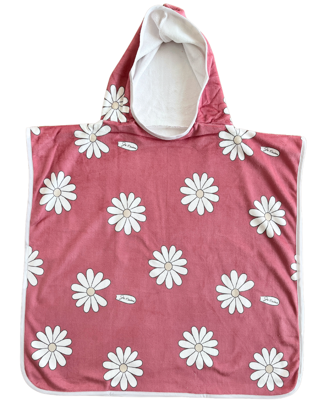 Children's hooded poncho towel (18 months to 5 years): BOHO Daisies (raspberry background)
