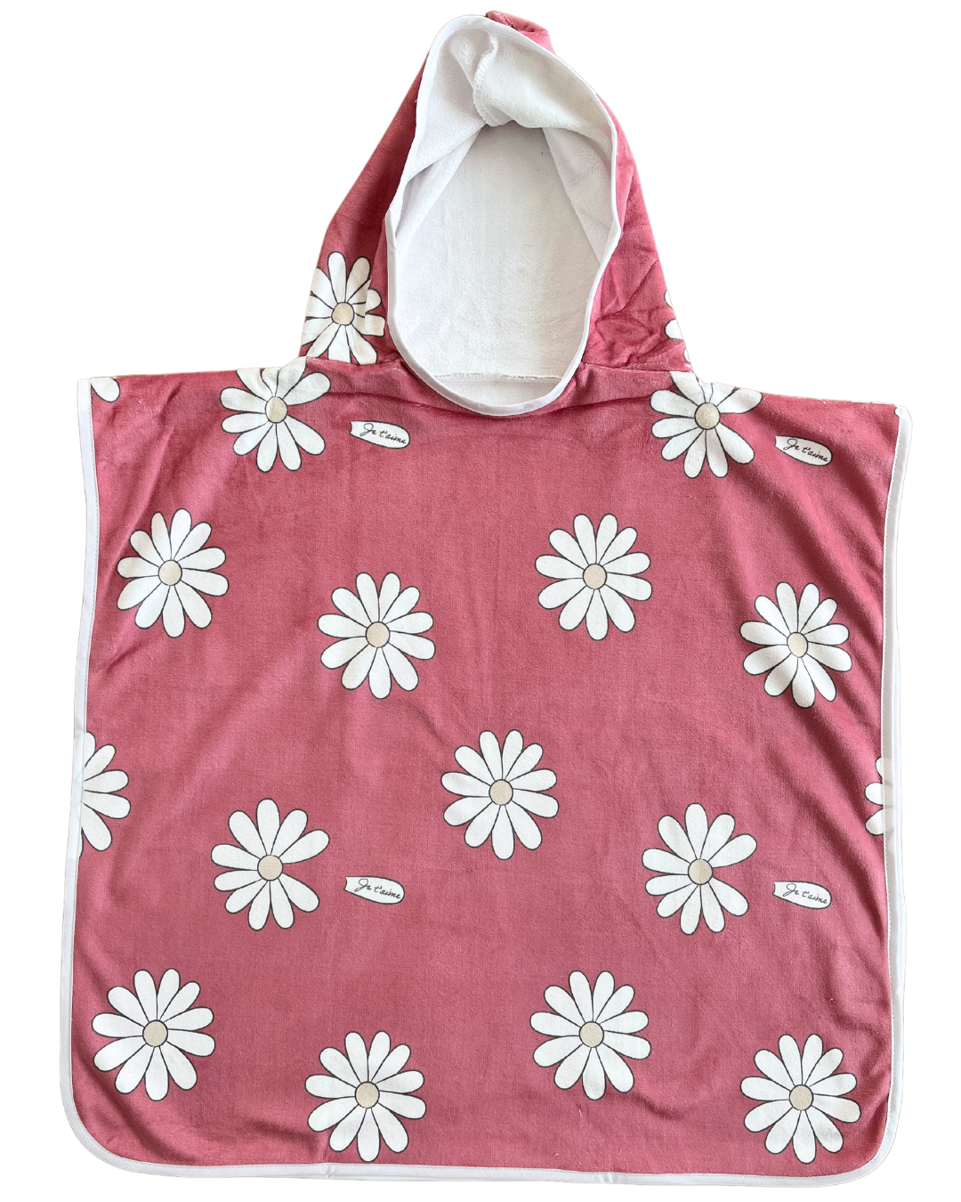 Serviette à capuchon pour enfant (18 mois à 5 ans) : Marguerites BOHO (fond framboise)