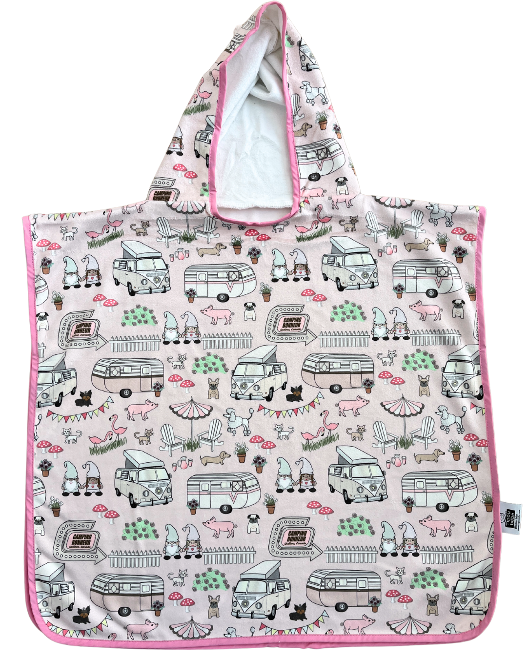 Serviette poncho à capuchon pour enfant (18 mois à 5 ans) : Camping bonheur rose