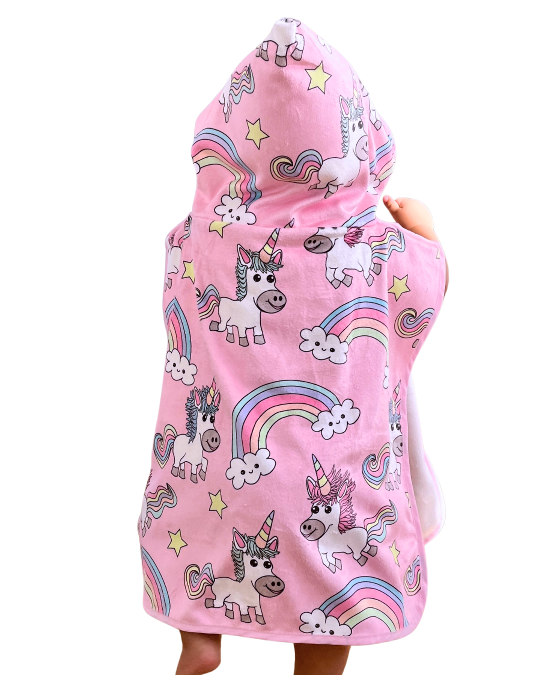 Hooded poncho towel for baby (0-18 months): Magical unicorns (pink background)